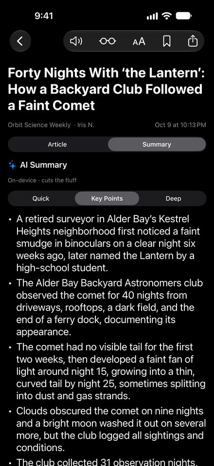 Key-points summary of an article