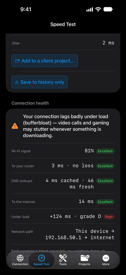 Speed test verdict with a result for each link