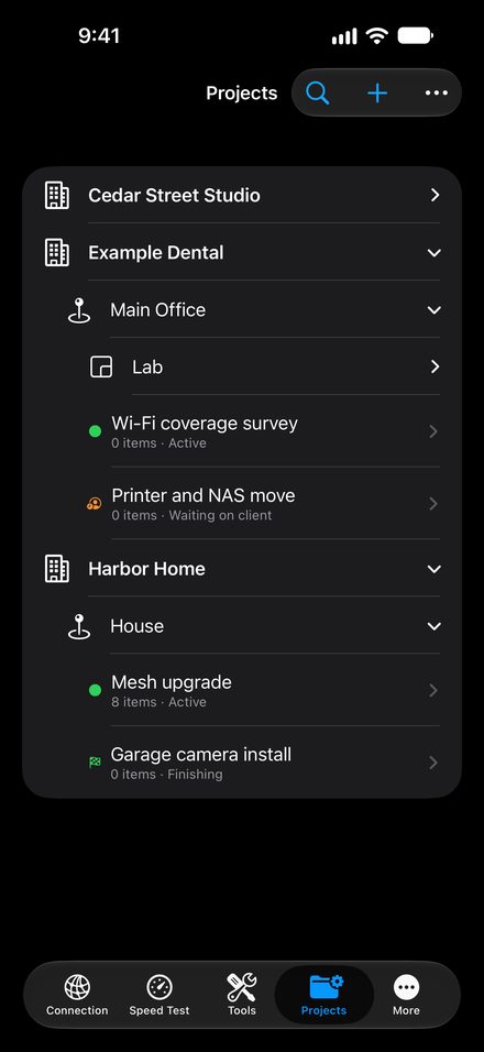 Projects organized by client, site and project