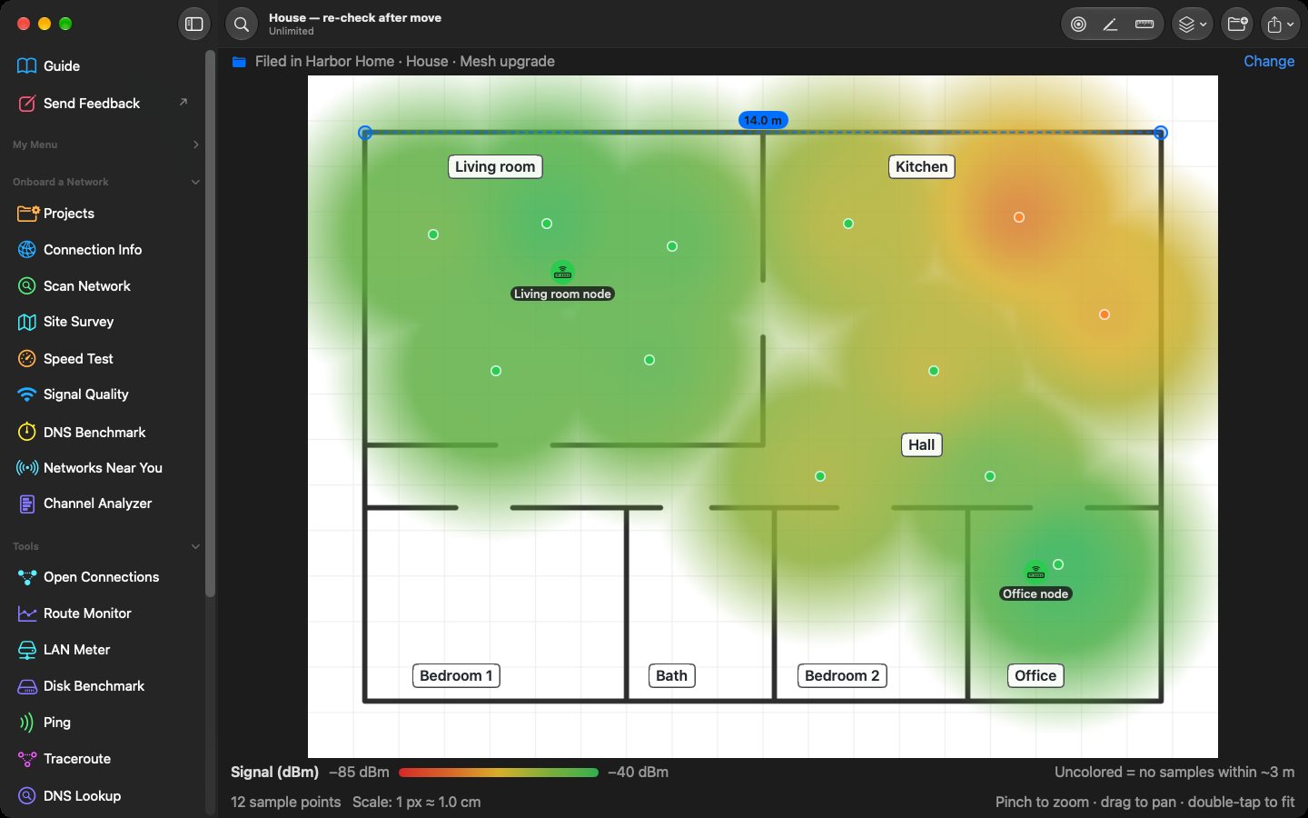 Coverage heat map over a floor plan