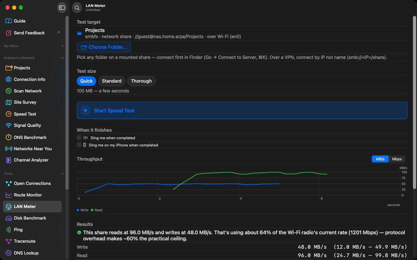 LAN Meter measuring file speed to a network share