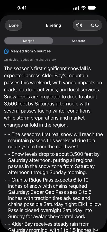 Priv8RSS Reader showing a story merged from five sources