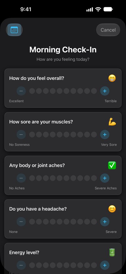 Morning check-in with sliders for mood, soreness, aches and energy
