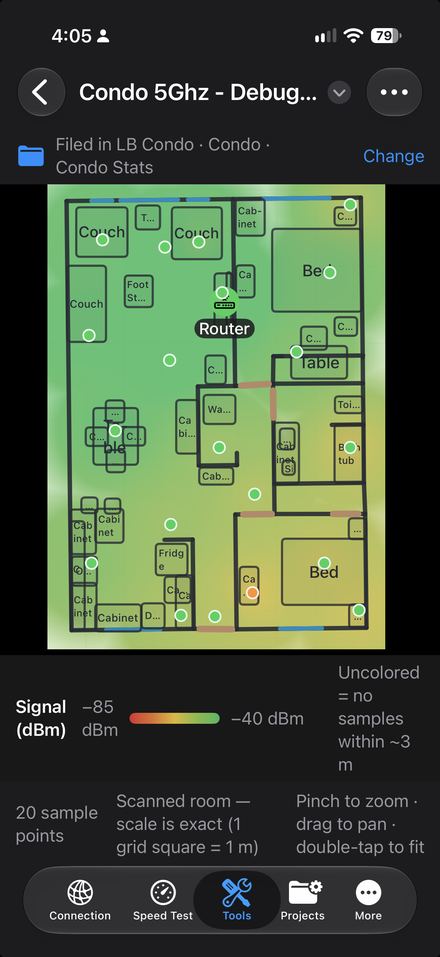 Wi-Fi signal heat map drawn over a floor plan.