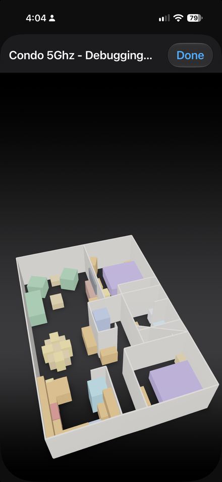 Three-dimensional room model captured with LiDAR, used as the survey floor plan.