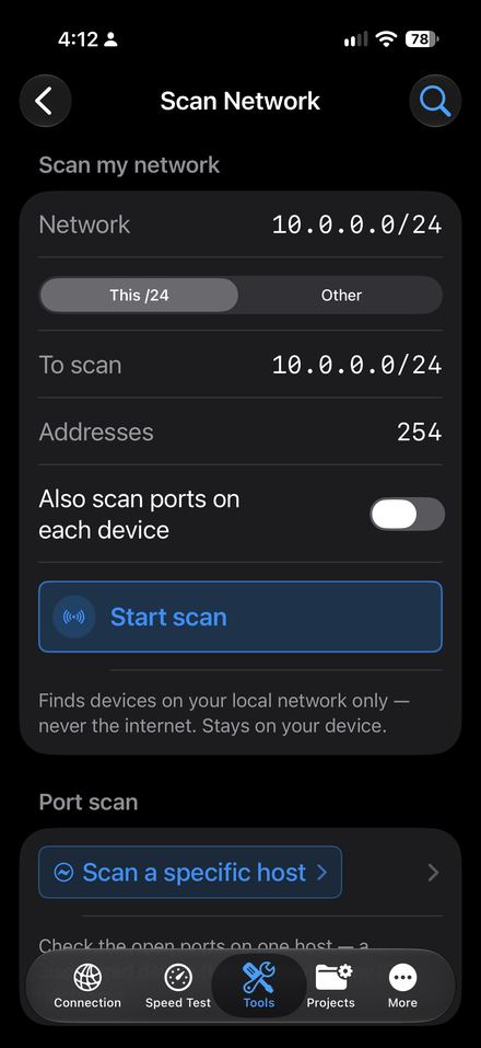 Priv8Scout network scan listing discovered devices with addresses and identifications.