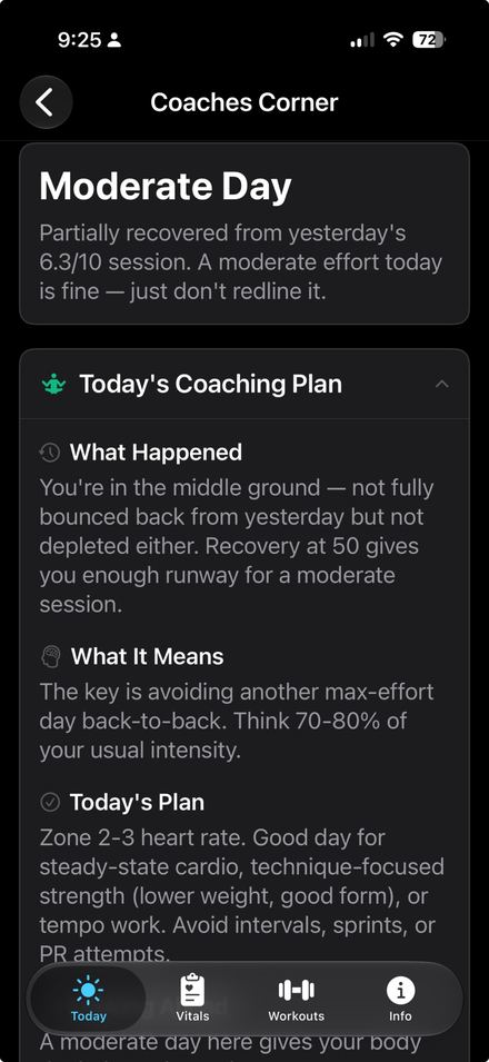 Coaches Corner screen with the day’s training guidance.